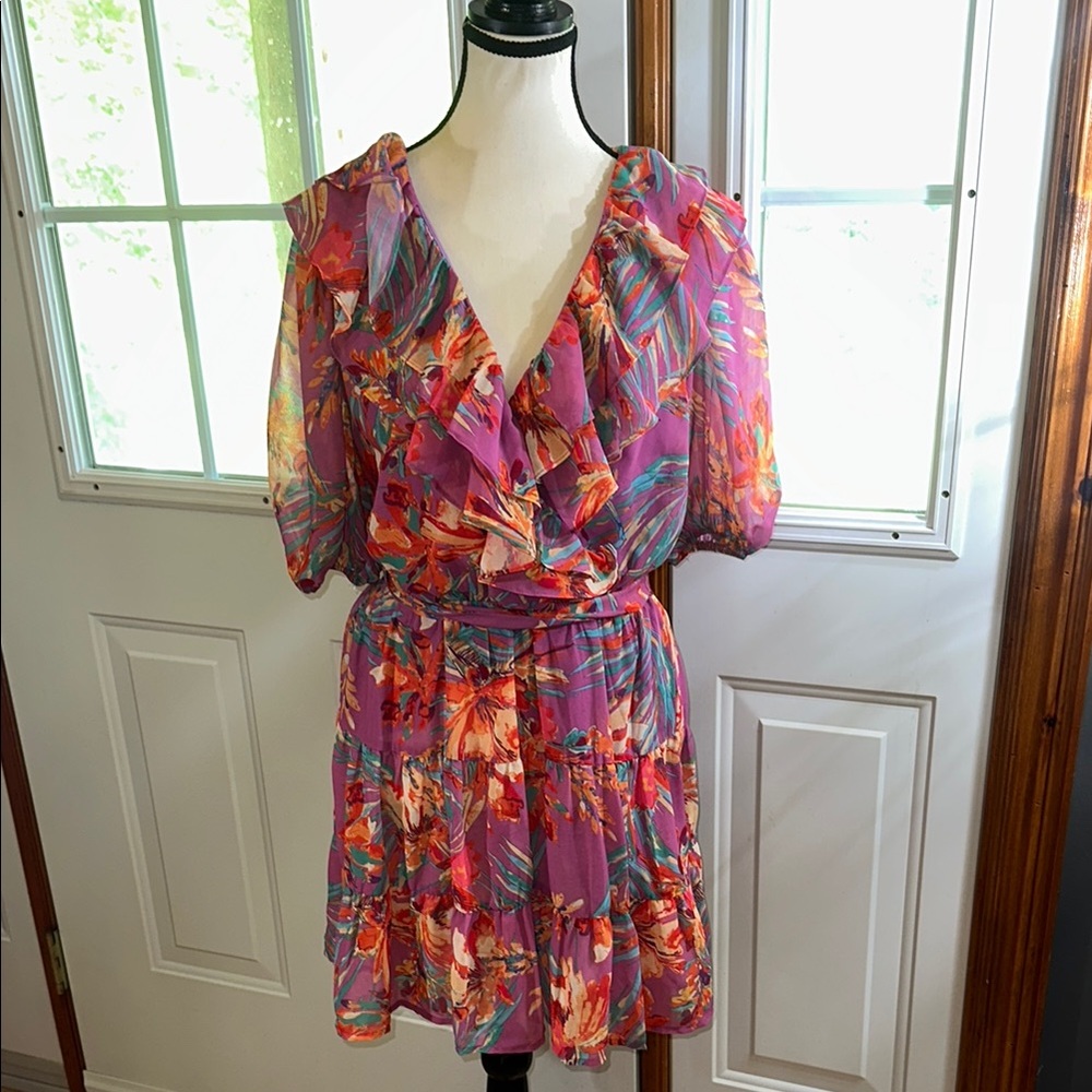 Flying Tomato Pink and Orange Floral Ruffle Dress